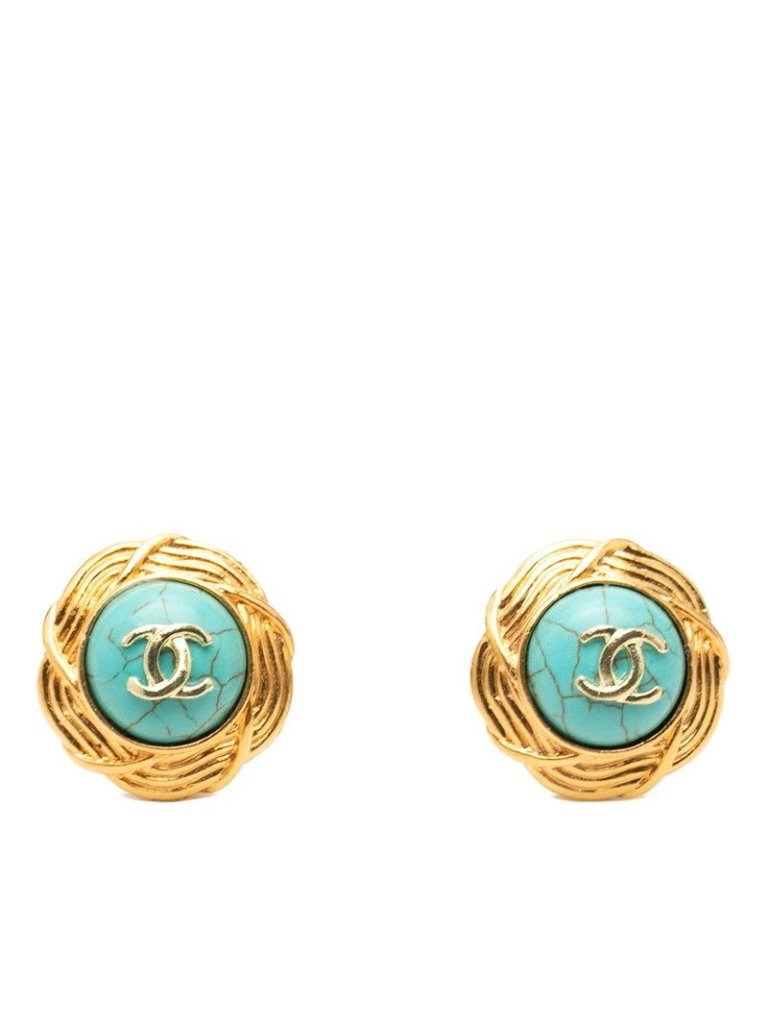 Chanel Cc Logo Round Earrings Vintage Gold Blue Plated Color Stone